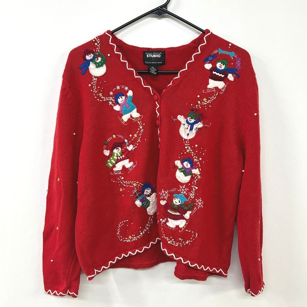 Christmas Snowman Embroidered Cardigan‎ PXL Red Button Front Holiday Festive